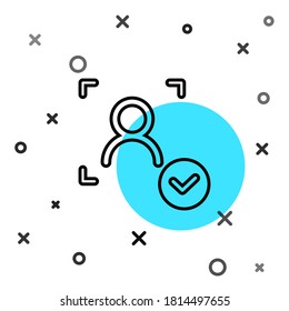 Reconocimiento de cara de línea negra con icono de marca de verificación aislado en fondo blanco. Icono del escáner de identificación facial. Ciberseguridad. Formas dinámicas aleatorias. Vector
