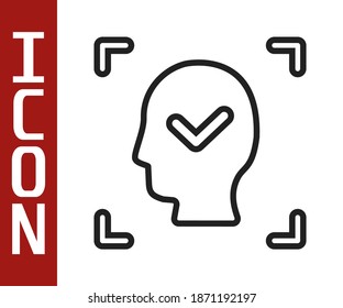 Schwarze Linie Gesichtserkennung mit Markierungssymbol einzeln auf weißem Hintergrund. Scanner-Symbol für Gesichtserkennung. Gesichtsnummer. Cyber-Sicherheitskonzept.  Vektorgrafik
