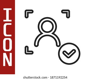 Black line Face recognition with check mark icon isolated on white background. Face identification scanner icon. Facial id. Cyber security concept.  Vector