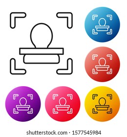 Black line Face recognition icon isolated on white background. Face identification scanner icon. Facial id. Cyber security concept. Set icons colorful circle buttons. Vector Illustration