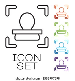 Black line Face recognition icon isolated on white background. Face identification scanner icon. Facial id. Cyber security concept. Set icons colorful. Vector Illustration