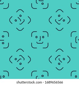 Black line Face recognition icon isolated seamless pattern on green background. Face identification scanner icon. Facial id. Cyber security concept.  Vector Illustration