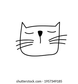 black line face of Scandinavian cat. Hand drawn illustration of a flat. Design element of t-shirt, home textiles, wrapping paper, children textiles.
