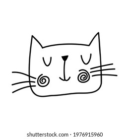 Black line face of Scandinavian cat. Hand drawn illustration of a flat. Design element of t-shirt, home textiles, wrapping paper, children textiles.