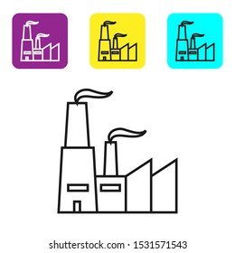 Black line Factory icon isolated on white background. Industrial building. Set icons colorful square buttons. Vector Illustration