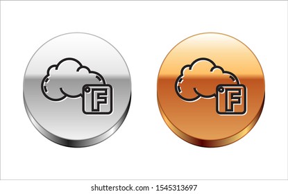Black line Fahrenheit and cloud icon isolated on white background. Silver-gold circle button. Vector Illustration