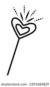 Black line fairy magic wand, vector monochrome doodle of wizard magical stick 