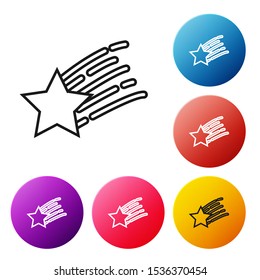 Black line Falling star icon isolated on white background. Shooting star with star trail. Meteoroid, meteorite, comet, asteroid, star icon. Set icons colorful circle buttons. Vector Illustration
