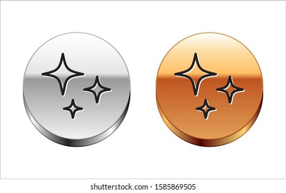 Black line Falling star icon isolated on white background. Shooting star with star trail. Meteoroid, meteorite, comet, asteroid, star icon. Silver-gold circle button. Vector Illustration