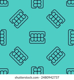 Black line False jaw icon isolated seamless pattern on green background. Dental jaw or dentures, false teeth with incisors.  Vector