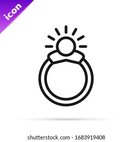 Black line Fantasy magic stone ring with gem icon isolated on white background.  Vector Illustration