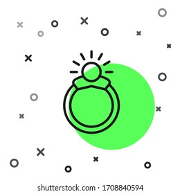 Black line Fantasy magic stone ring with gem icon isolated on white background.  Vector Illustration