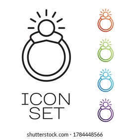 Black line Fantasy magic stone ring with gem icon isolated on white background. Set icons colorful. Vector Illustration