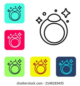 Black line Fantasy magic stone ring with gem icon isolated on white background. Set icons in color square buttons. Vector