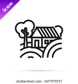 Black line Farm House concept icon isolated on white background. Rustic farm landscape.  Vector Illustration