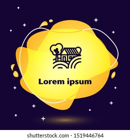 Black line Farm House concept icon isolated on dark blue background. Rustic farm landscape. Abstract banner with liquid shapes. Vector Illustration