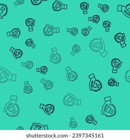 Black line Farm house in hand icon isolated seamless pattern on green background.  Vector