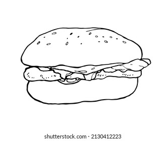 The black line of the fast food logo. A hand-drawn hamburger icon. Vector illustration for menu, fast food cafe interior, T-shirts, print style, graphics.