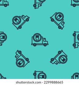 Black line Fast round the clock delivery by car icon isolated seamless pattern on green background.  Vector Illustration