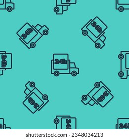 Black line Fast round the clock delivery by car icon isolated seamless pattern on green background.  Vector
