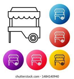 Black line Fast street food cart with awning icon isolated on white background. Urban kiosk. Set icons colorful circle buttons. Vector Illustration