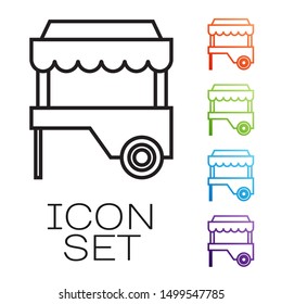 Black line Fast street food cart with awning icon isolated on white background. Urban kiosk. Set icons colorful. Vector Illustration