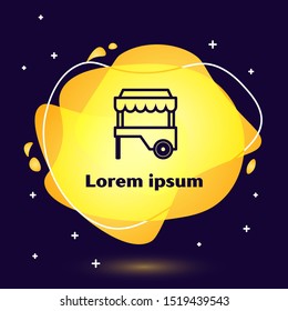 Black line Fast street food cart with awning icon isolated on dark blue background. Urban kiosk. Abstract banner with liquid shapes. Vector Illustration
