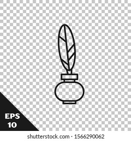 Black line Feather and inkwell icon isolated on transparent background.  Vector Illustration