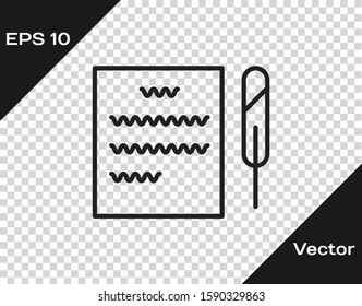 Black line Feather pen and paper scroll icon isolated on transparent background.  Vector Illustration