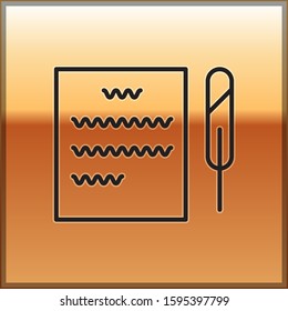 Black line Feather pen and paper scroll icon isolated on gold background.  Vector Illustration