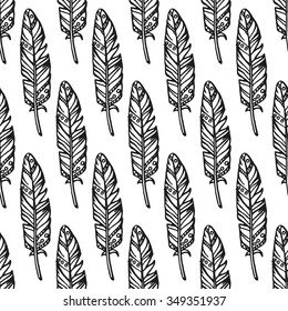 Black line feathers, white background, hand drawn vector seamless pattern