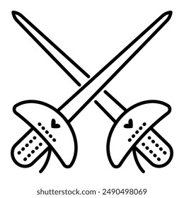 Black line fencing icon. Vector monochrome illustration of crossed epee, editable stroke