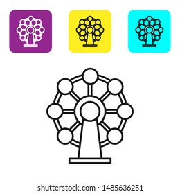 Black line Ferris wheel icon isolated on white background. Amusement park. Childrens entertainment playground, recreation park. Set icons colorful square buttons. Vector Illustration