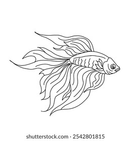 Black line fighting fish swimming.Vector illustration isolated on white background.