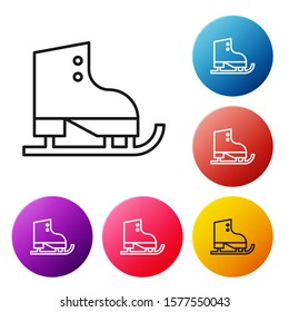 Black line Figure skates icon isolated on white background. Ice skate shoes icon. Sport boots with blades. Set icons colorful circle buttons. Vector Illustration