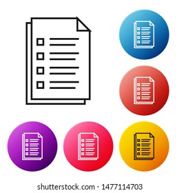 Black line File document icon isolated on white background. Checklist icon. Business concept. Set icons colorful circle buttons. Vector Illustration