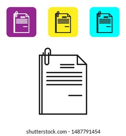 Black line File document and paper clip icon isolated on white background. Checklist icon. Business concept. Set icons colorful square buttons. Vector Illustration