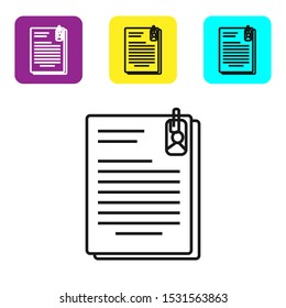 Black line File document and paper clip icon isolated on white background. Checklist icon. Business concept. Set icons colorful square buttons. Vector Illustration