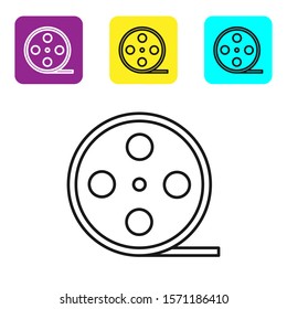 Black line Film reel icon isolated on white background. Set icons colorful square buttons. Vector Illustration