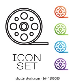 Black line Film reel icon isolated on white background. Set icons colorful. Vector Illustration