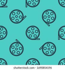 Black line Film reel icon isolated seamless pattern on green background.  Vector Illustration