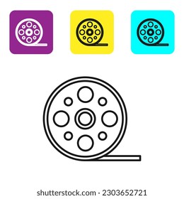 Black line Film reel icon isolated on white background. Set icons colorful square buttons. Vector Illustration