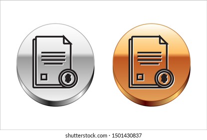 Black line Finance document icon isolated on white background. Paper bank document with dollar coin for invoice or bill concept. Silver-gold circle button. Vector Illustration