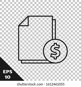 Black line Finance document icon isolated on transparent background. Paper bank document with dollar coin for invoice or bill concept.  Vector Illustration