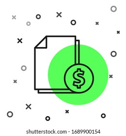 Black line Finance document icon isolated on white background. Paper bank document with dollar coin for invoice or bill concept.  Vector Illustration