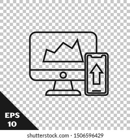 Black line Financial chart or graph on the computer monitor and mobile phone icon isolated on transparent background. Strategy, planning, data, investment.  Vector Illustration