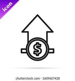Black line Financial growth and coin icon isolated on white background. Increasing revenue.  Vector Illustration