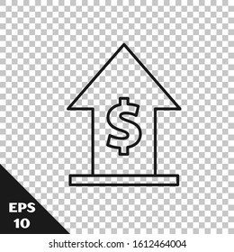 Black line Financial growth and coin icon isolated on transparent background. Increasing revenue.  Vector Illustration