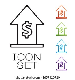 Black line Financial growth and coin icon isolated on white background. Increasing revenue. Set icons colorful. Vector Illustration