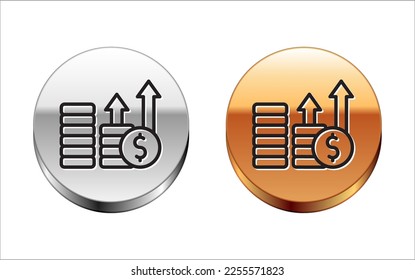 Black line Financial growth and dollar coin icon isolated on white background. Increasing revenue. Silver-gold circle button. Vector